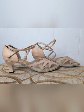 Glide Elegant Tan/Beige Ballroom Salsa Dance Shoes Open Toe T-Strap Heels Size 6
